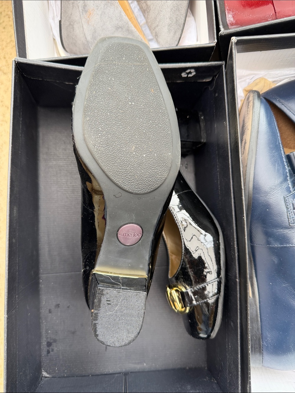 me too Black Patent Loafer with Gold Buckle